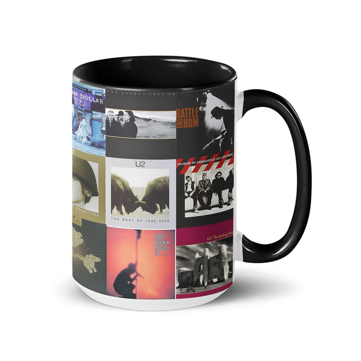 U2 Black Two-Tone Accent Coffee Mug - Classic Band Album Covers Collage Mug