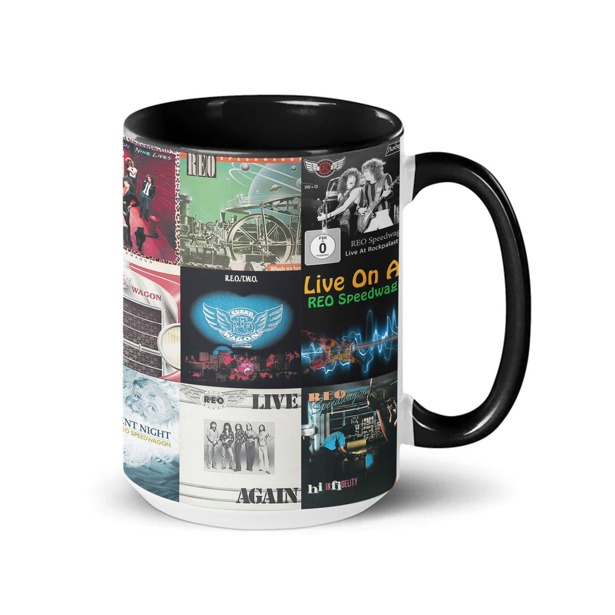 REO Speedwagon Black Two-Tone Accent Coffee Mug - Classic Band Album Covers Collage Mug