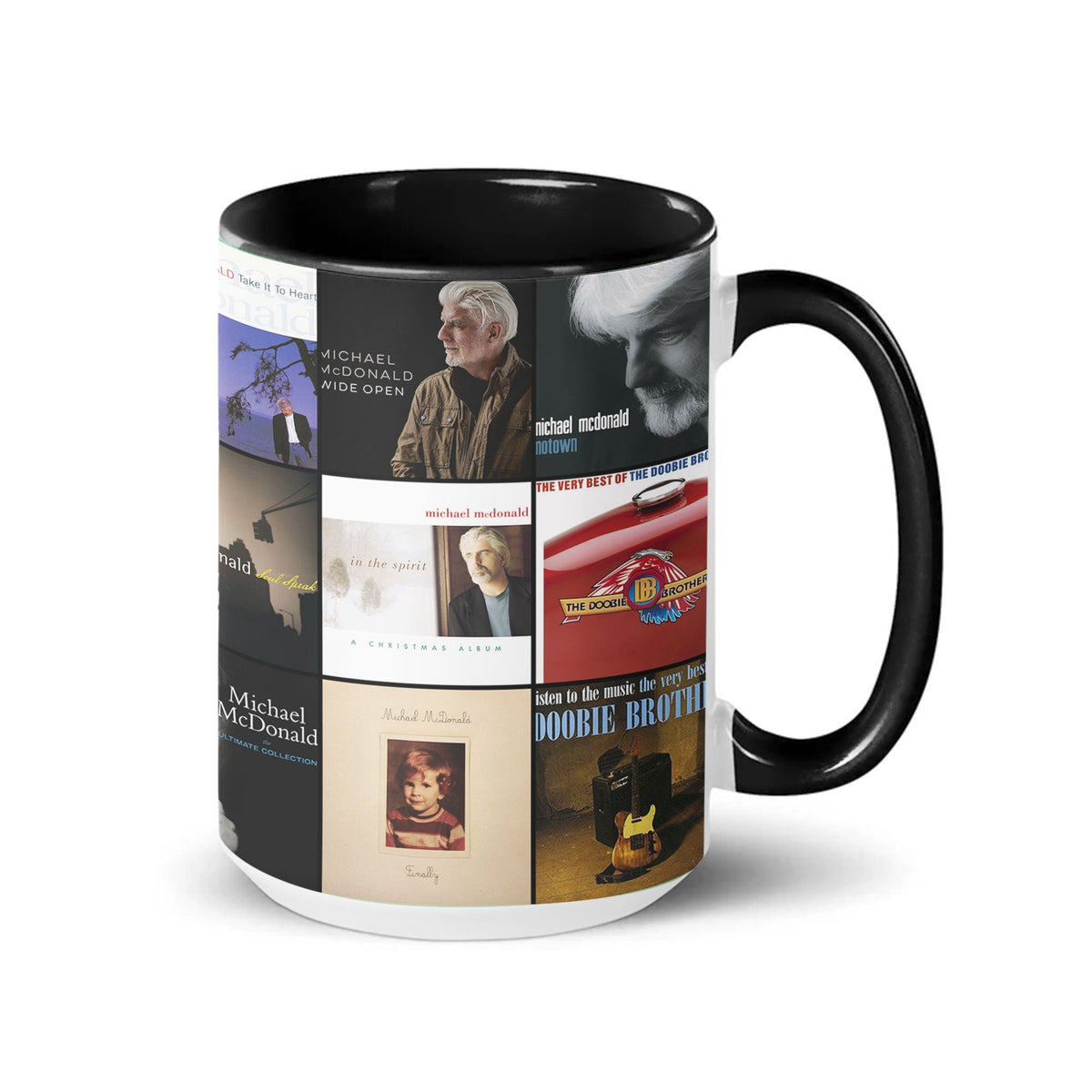 Michael McDonald Black Two-Tone Accent Coffee Mug - Classic Band Album Covers Collage Mug