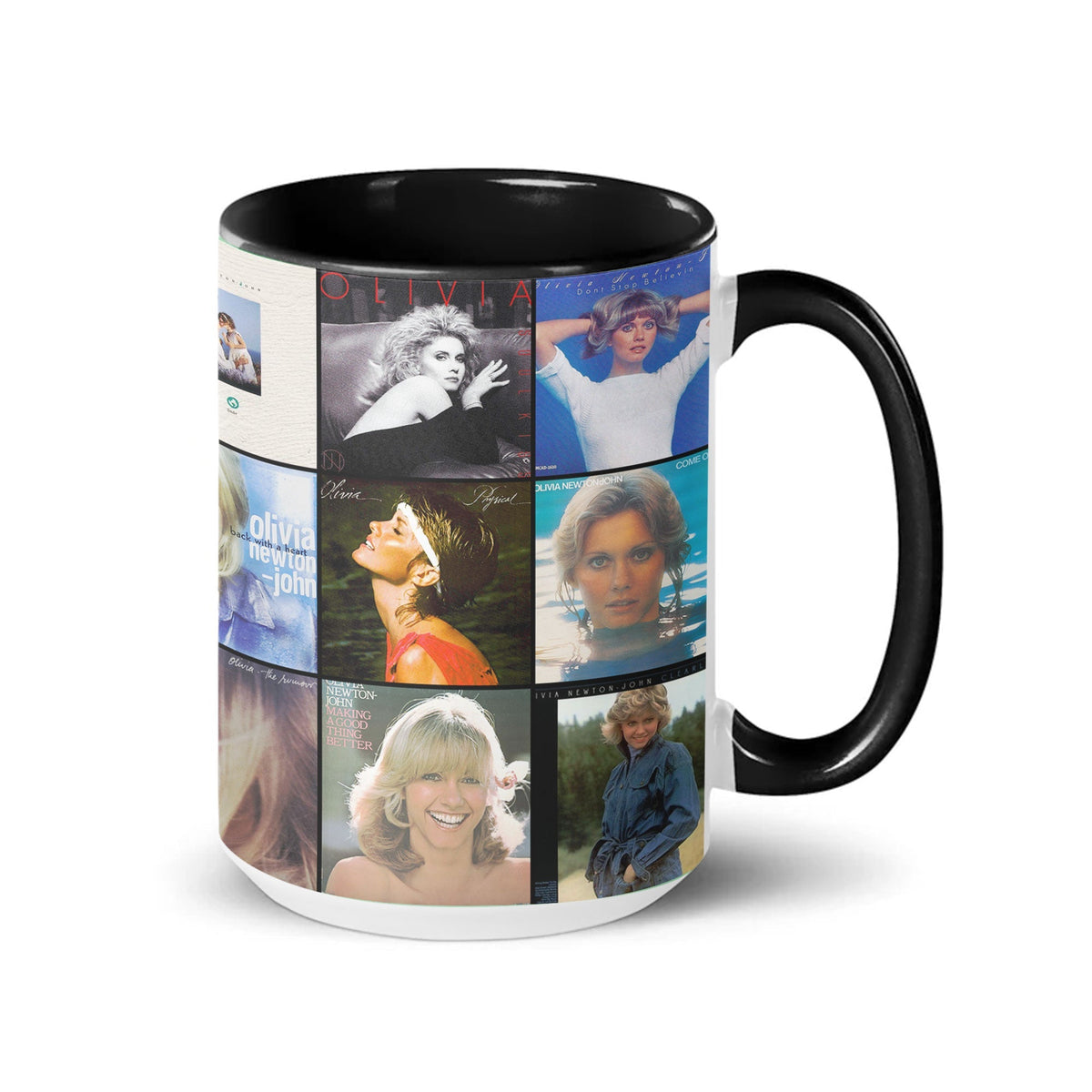 Olivia Newton-John Black Two-Tone Accent Coffee Mug - Classic Band Album Covers Collage Mug