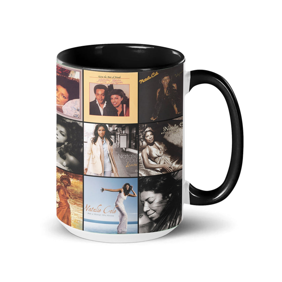 Natalie Cole Black Two-Tone Accent Coffee Mug - Classic Band Album Covers Collage Mug