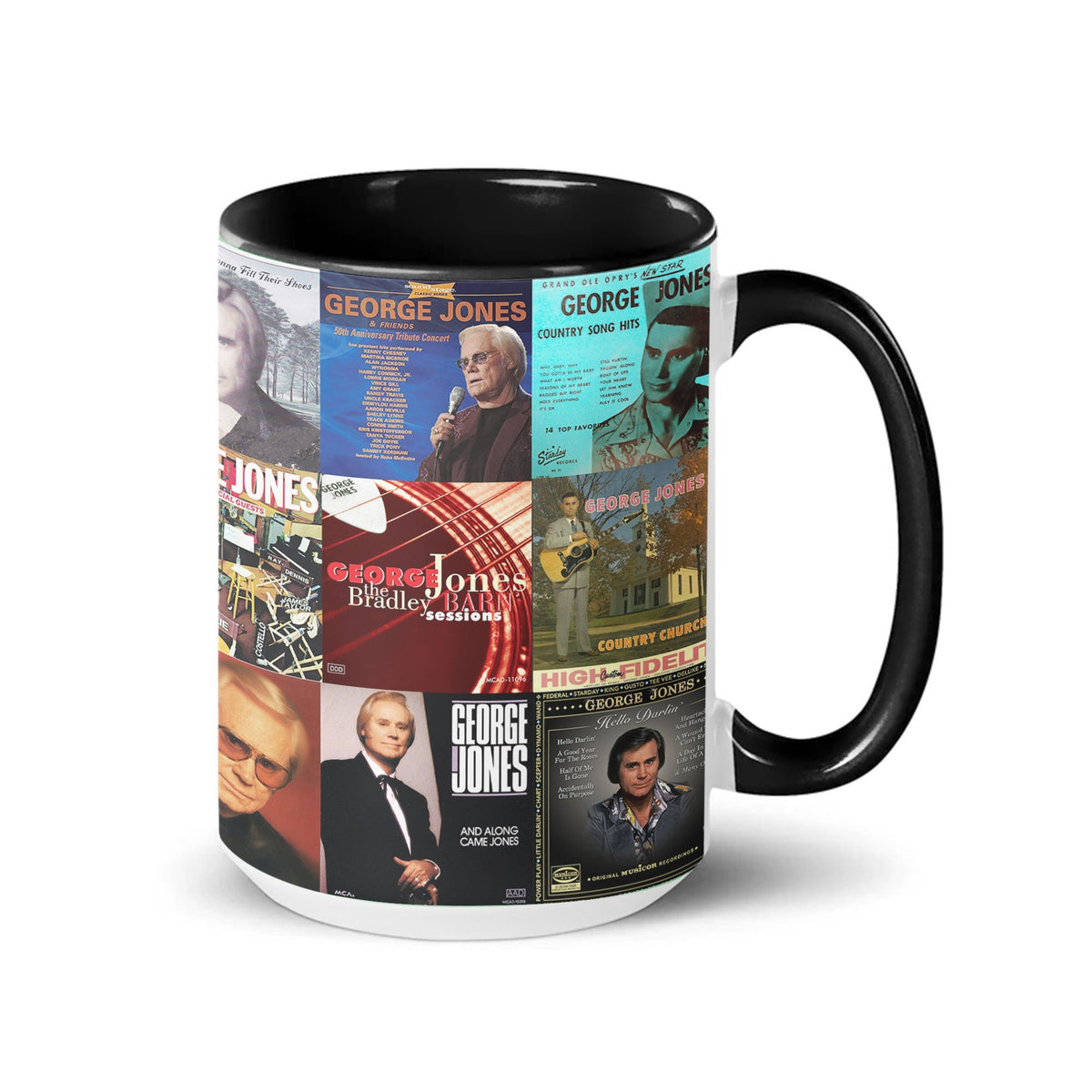 George Jones Black Two-Tone Accent Coffee Mug - Classic Band Album Covers Collage Mug