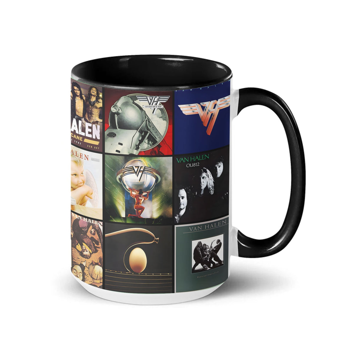 Van Halen Black Two-Tone Accent Coffee Mug - Classic Rock Band Album Covers Collage Cup