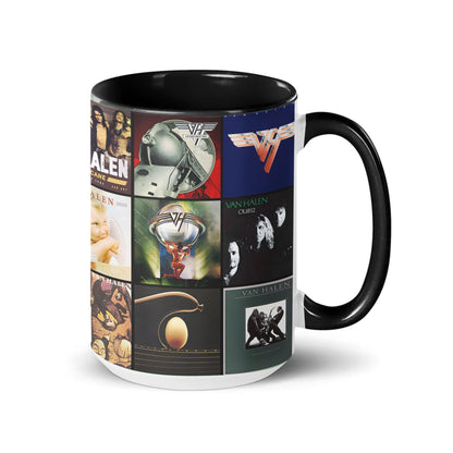 Van Halen Black Two-Tone Accent Coffee Mug - Classic Rock Band Album Covers Collage Cup