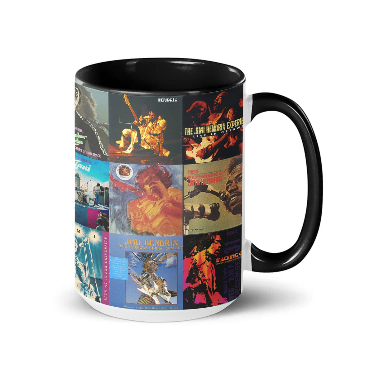 Jimi Hendrix Black Two-Tone Accent Coffee Mug - Classic Rock Band Album Covers Collage Mug