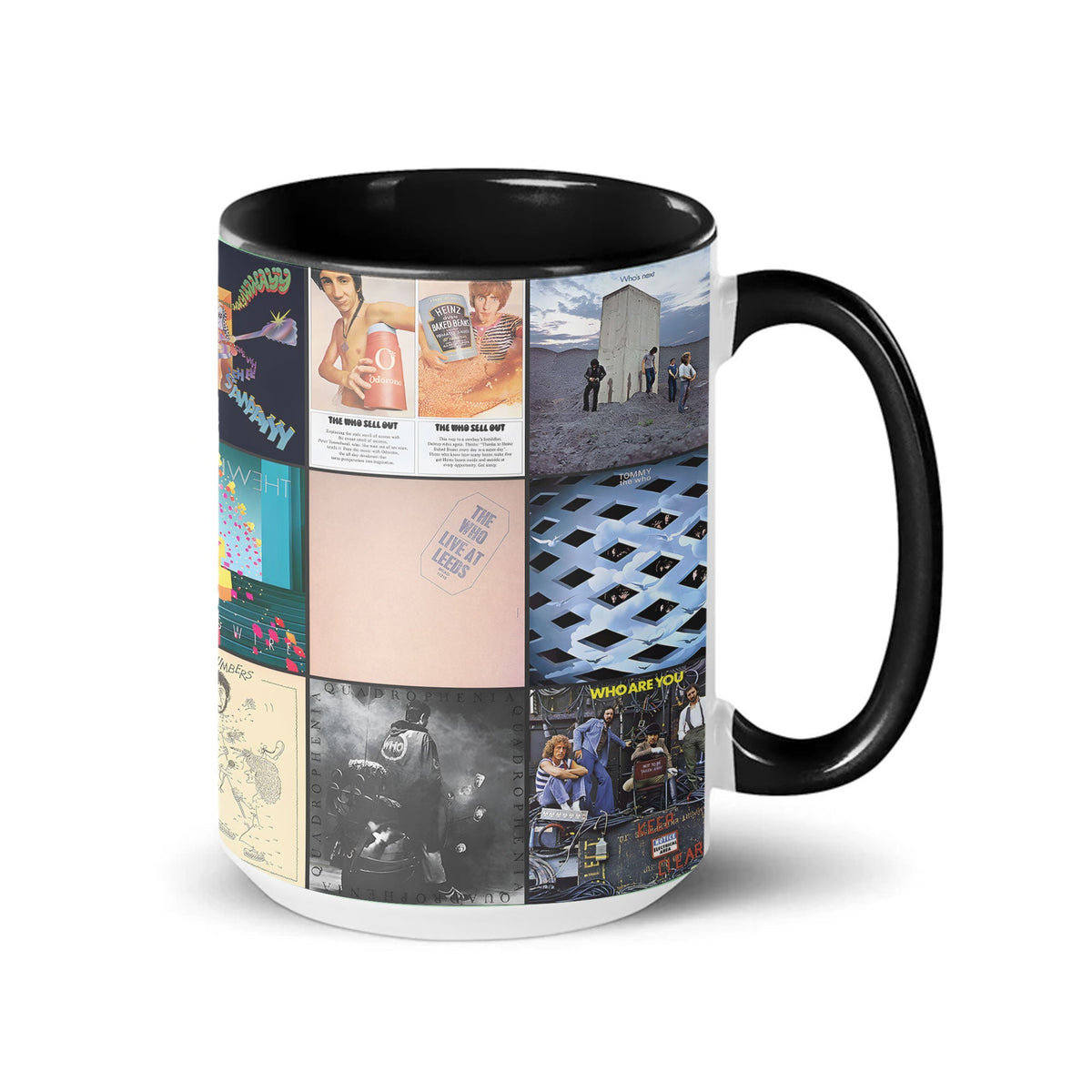 The Who Black Two-Tone Accent Coffee Mug - Classic Rock Band Album Covers Collage Mug