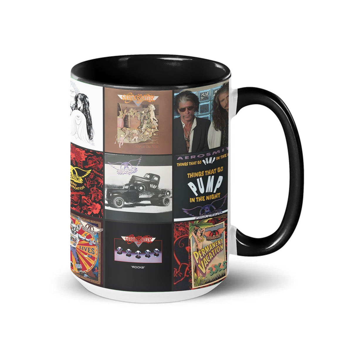 Aerosmith Black Two-Tone Accent Coffee Mug - Classic Rock Band Album Covers Collage Mug