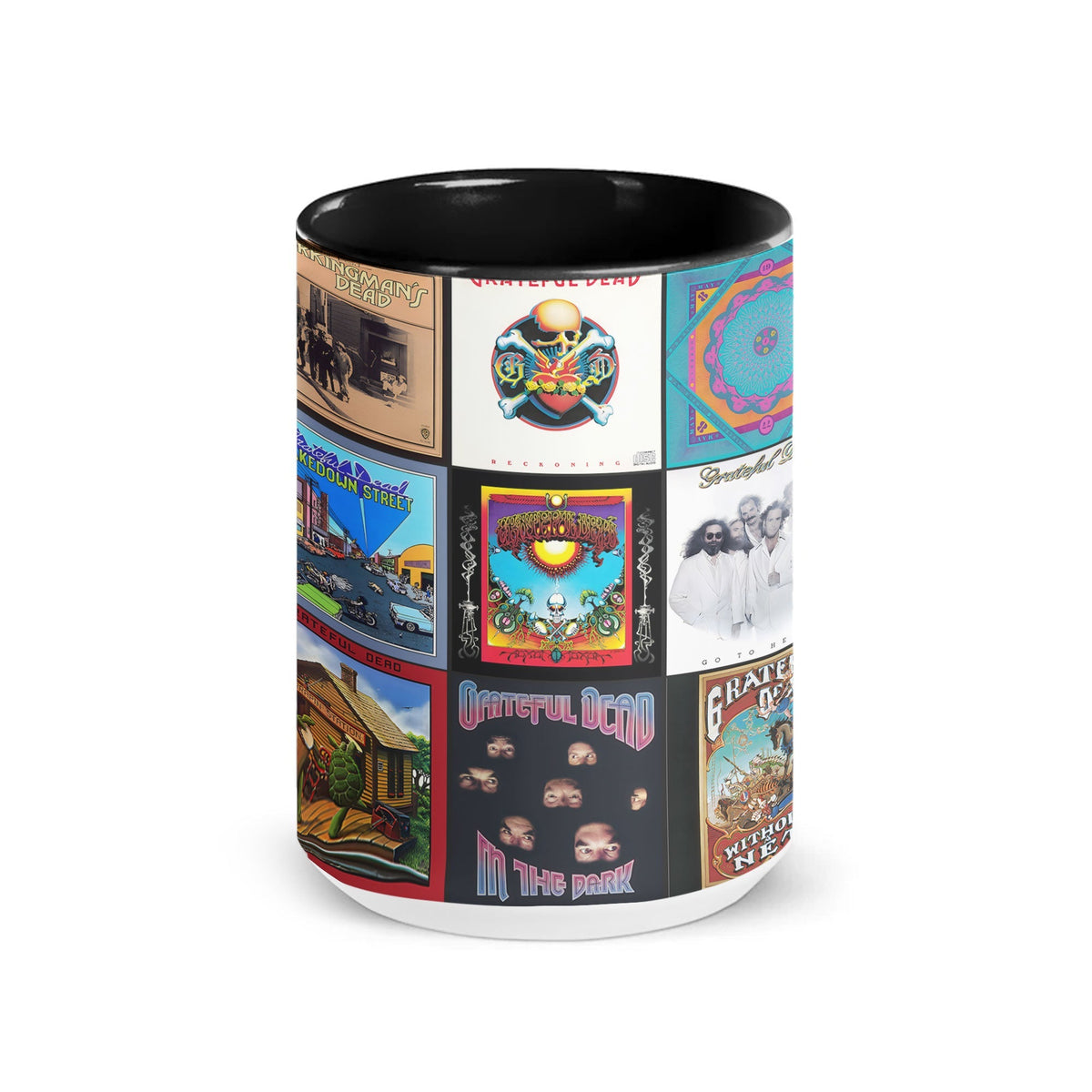 Grateful Dead Black Two-Tone Accent Coffee Mug - Classic Rock Band Album Covers Collage Mug