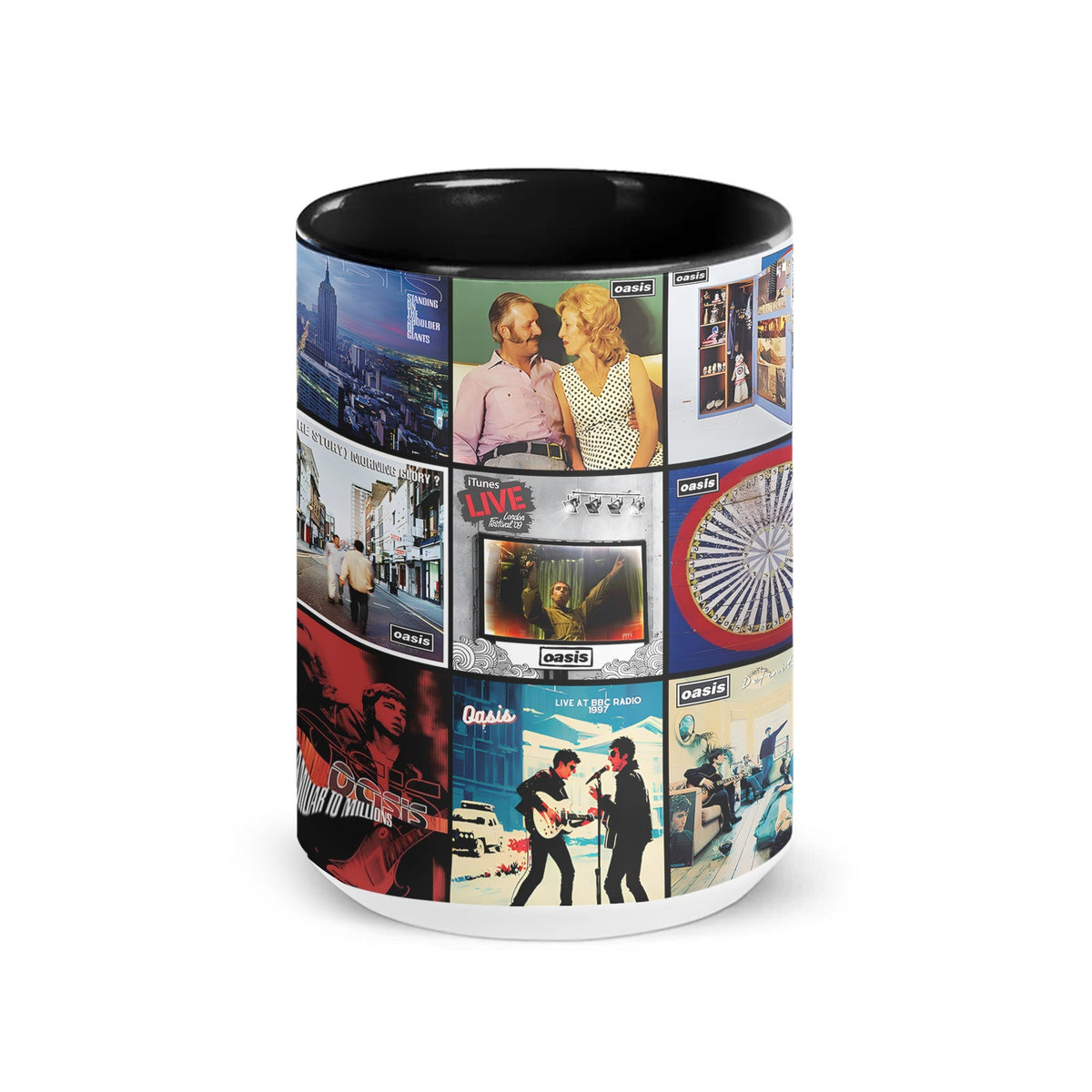 Oasis Black Two-Tone Accent Coffee Mug - Classic Band Album Covers Collage Mug