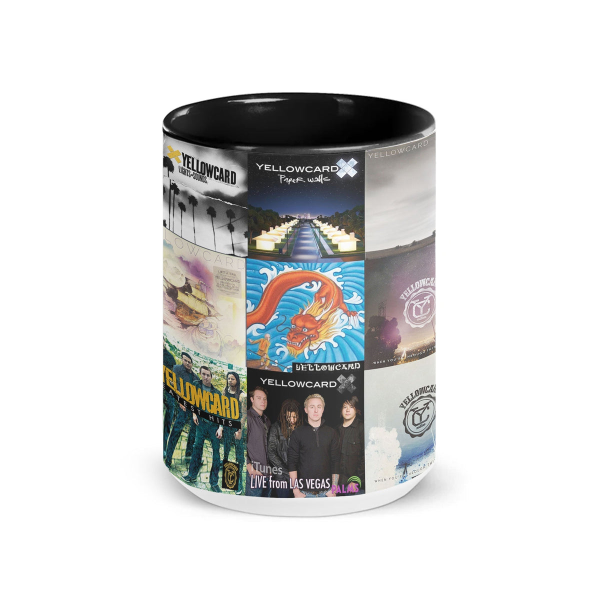 Yellowcard Black Two-Tone Accent Coffee Mug - Classic Rock Band Album Covers Collage Mug