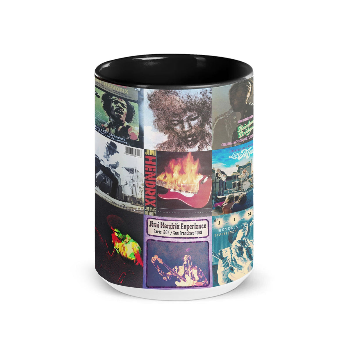 Jimi Hendrix Black Two-Tone Accent Coffee Mug - Classic Rock Band Album Covers Collage Mug