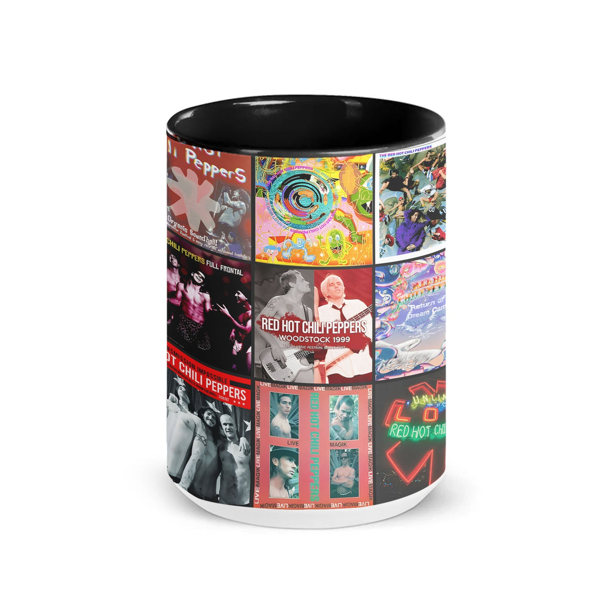 Red Hot Chili Peppers Black Two-Tone Accent Coffee Mug - Classic Rock Band Album Covers Collage Mug
