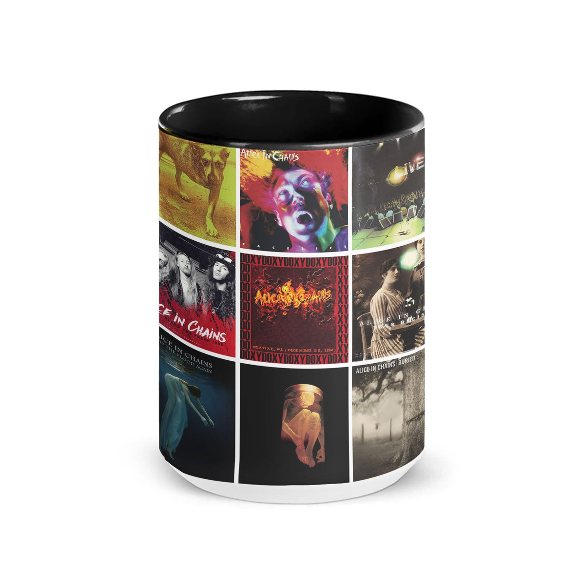 Alice In Chains Black Two-Tone Accent Coffee Mug - Classic Band Album Covers Collage Mug