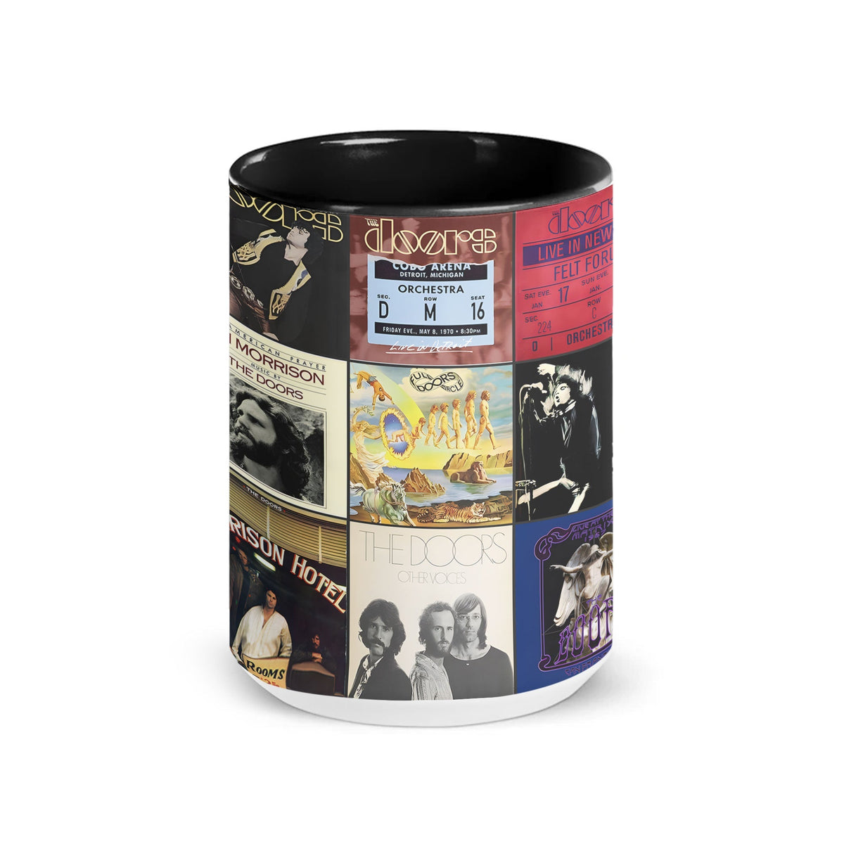 The Doors Black Two-Tone Accent Coffee Mug - Classic Rock Band Album Covers Collage Mug