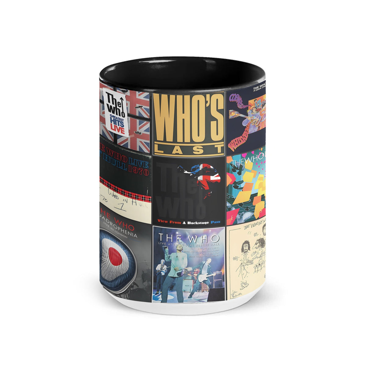 The Who Black Two-Tone Accent Coffee Mug - Classic Rock Band Album Covers Collage Mug