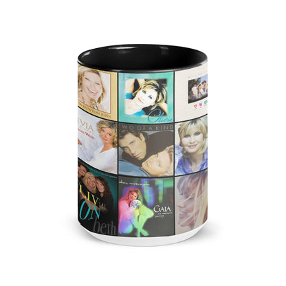 Olivia Newton-John Black Two-Tone Accent Coffee Mug - Classic Band Album Covers Collage Mug