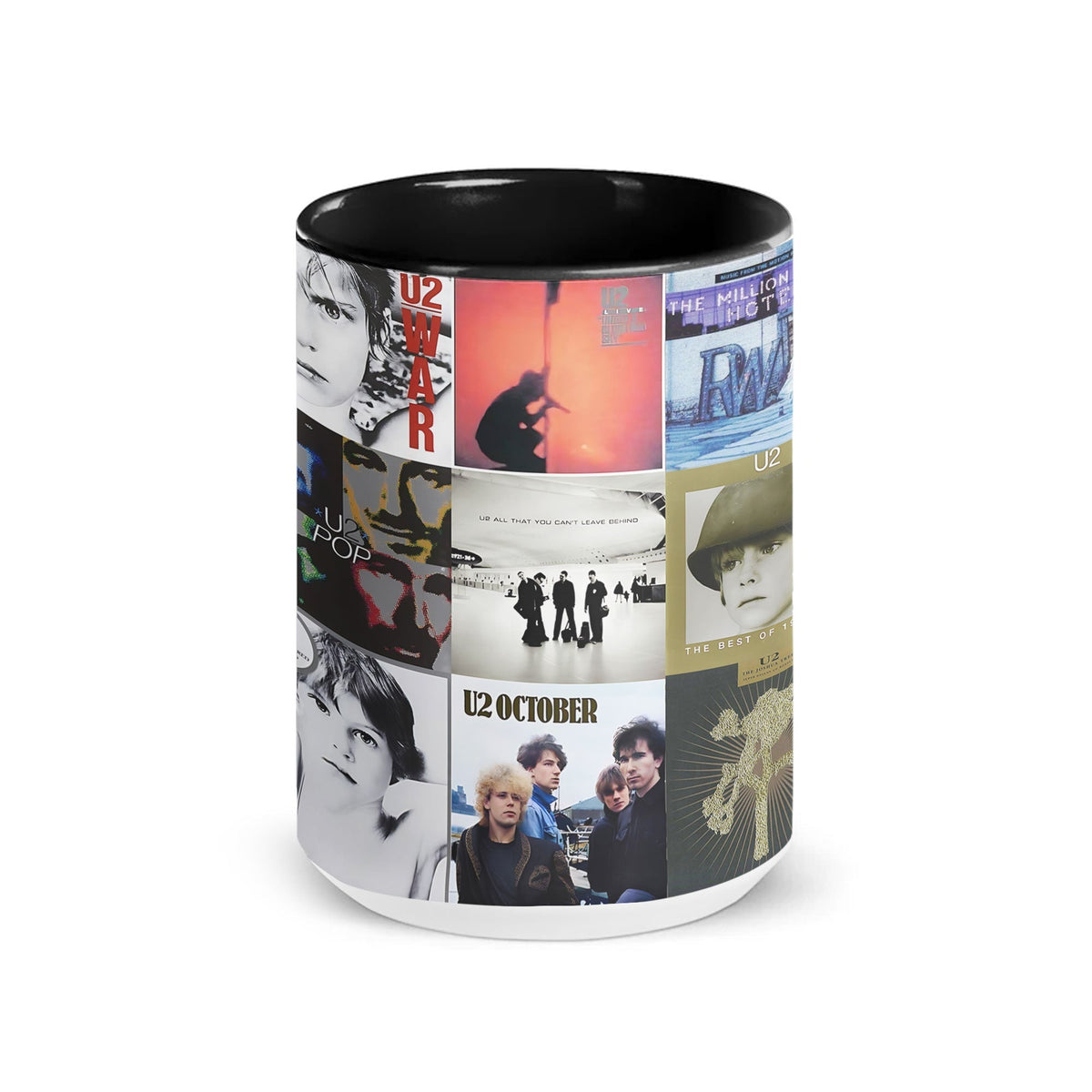 U2 Black Two-Tone Accent Coffee Mug - Classic Band Album Covers Collage Mug