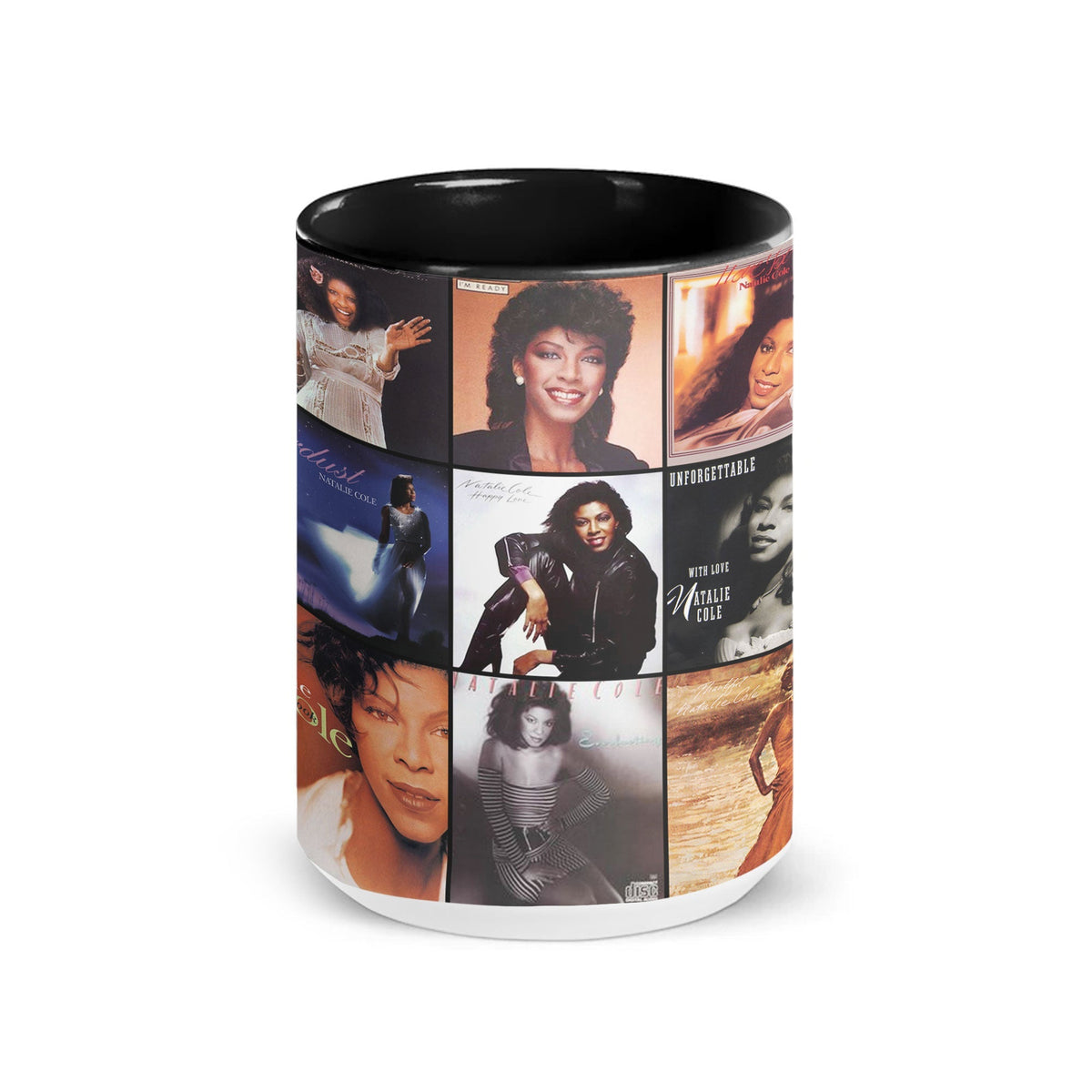 Natalie Cole Black Two-Tone Accent Coffee Mug - Classic Band Album Covers Collage Mug