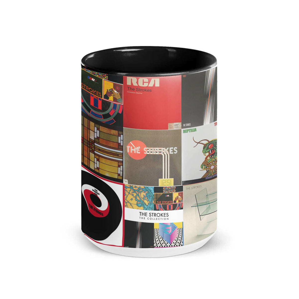 The Strokes Accent Black Two-Tone Accent Coffee Mug - Classic Rock Band Album Covers Collage Mug