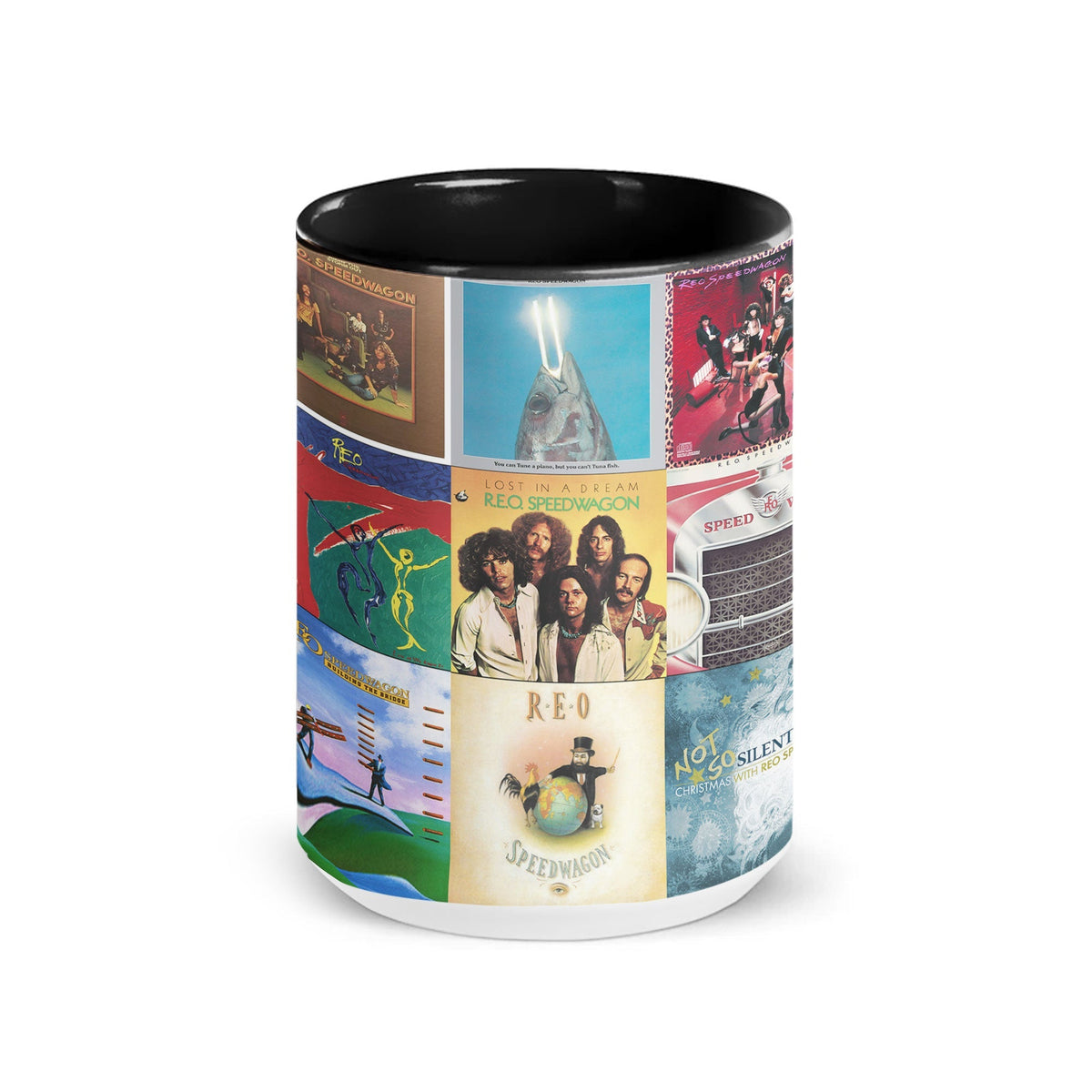 REO Speedwagon Black Two-Tone Accent Coffee Mug - Classic Band Album Covers Collage Mug