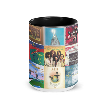 REO Speedwagon Black Two-Tone Accent Coffee Mug - Classic Band Album Covers Collage Mug