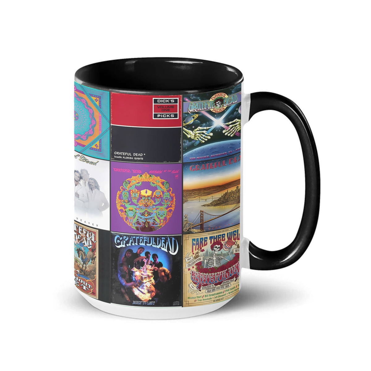 Grateful Dead Black Two-Tone Accent Coffee Mug - Classic Rock Band Album Covers Collage Mug