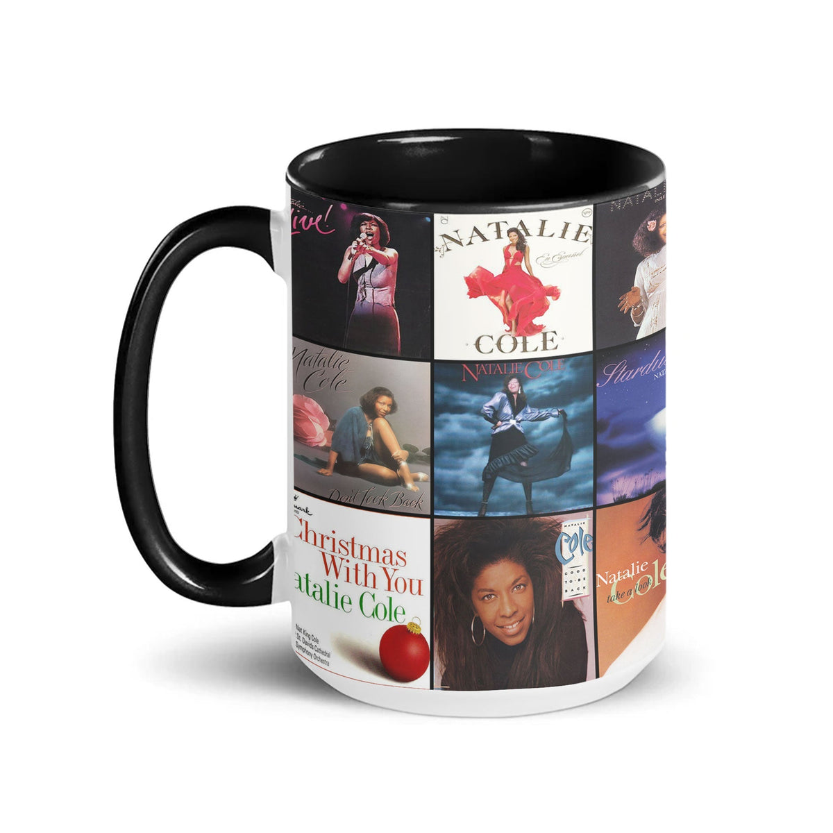 Natalie Cole Black Two-Tone Accent Coffee Mug - Classic Band Album Covers Collage Mug