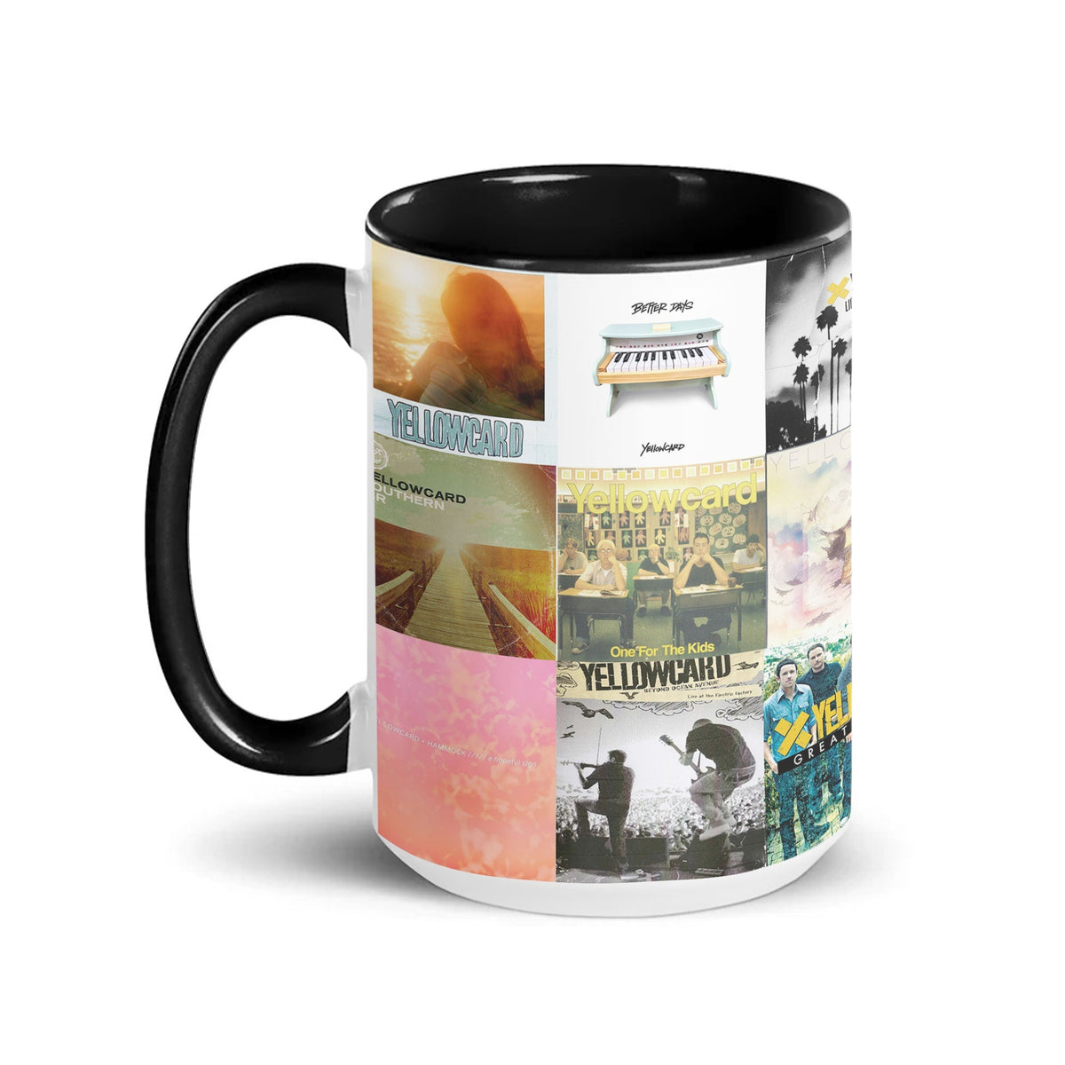 Yellowcard Black Two-Tone Accent Coffee Mug - Classic Rock Band Album Covers Collage Mug