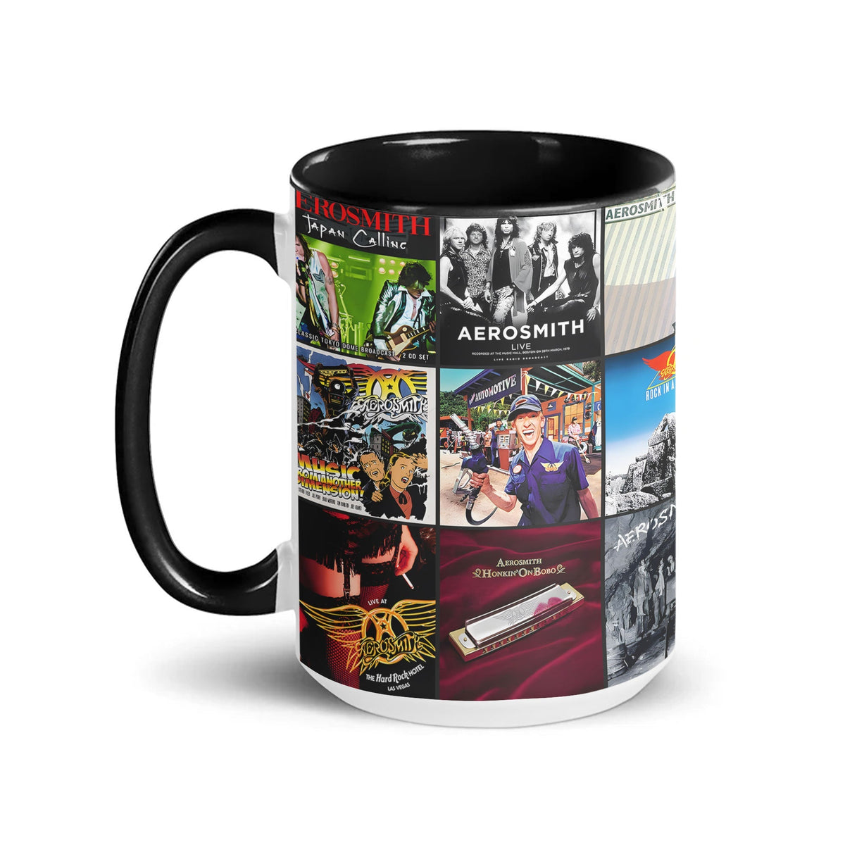 Aerosmith Black Two-Tone Accent Coffee Mug - Classic Rock Band Album Covers Collage Mug