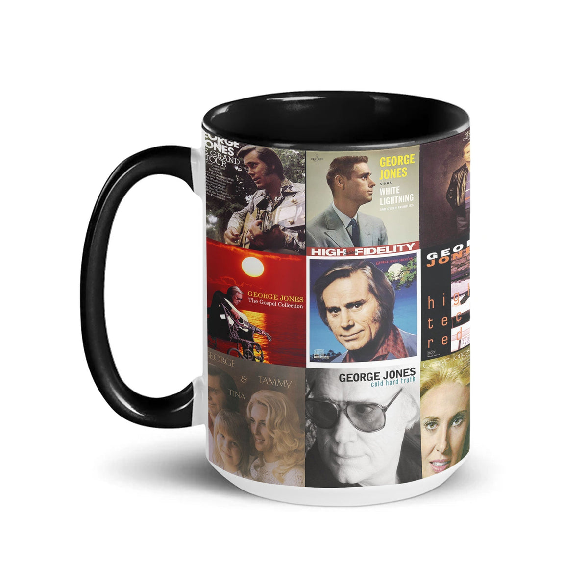 George Jones Black Two-Tone Accent Coffee Mug - Classic Band Album Covers Collage Mug