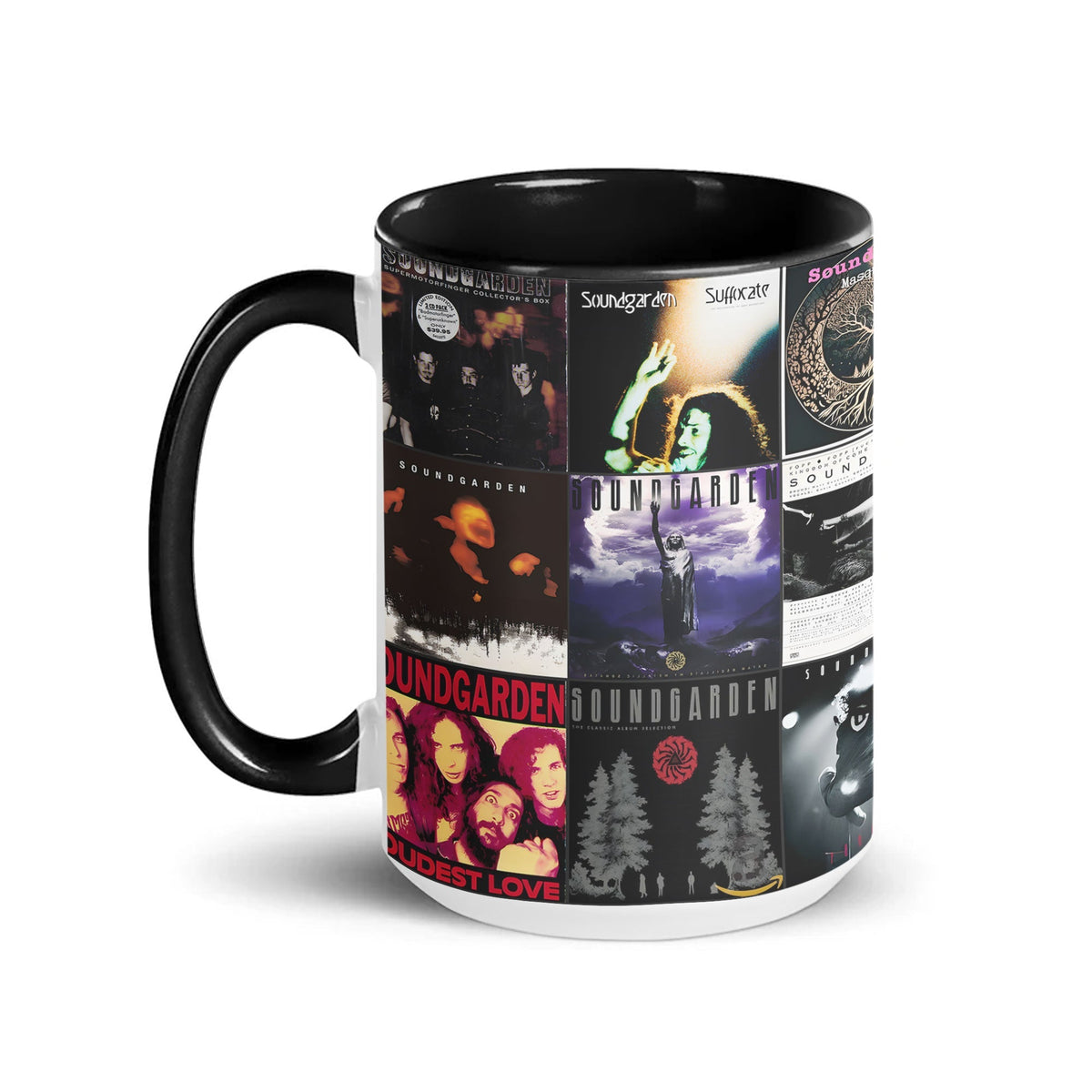 Soundgarden Black Two-Tone Accent Coffee Mug - Classic Band Album Covers Collage Mug