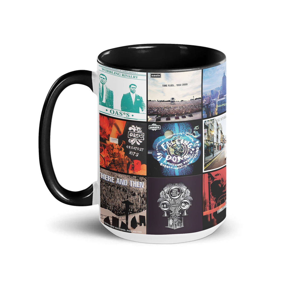 Oasis Black Two-Tone Accent Coffee Mug - Classic Band Album Covers Collage Mug