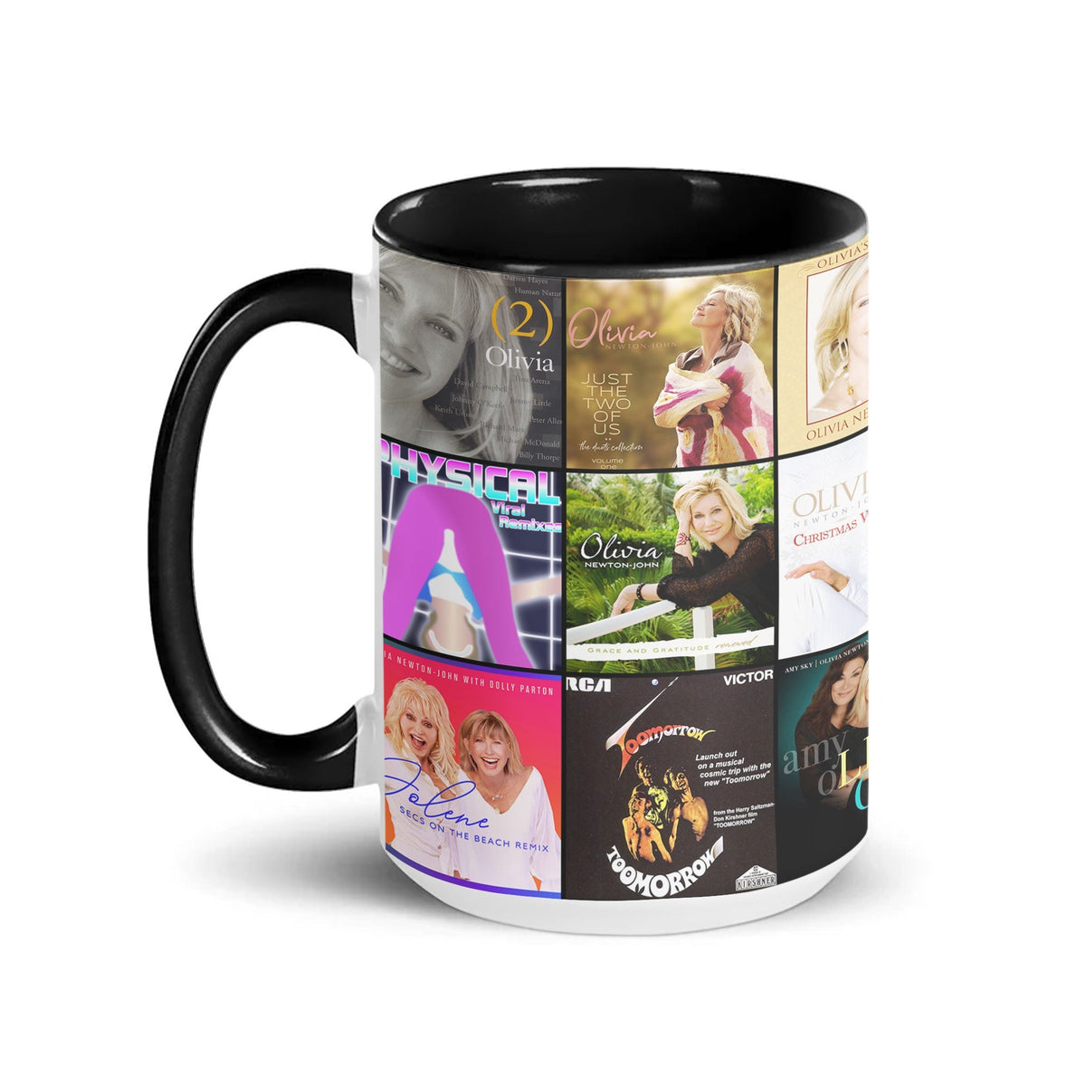 Olivia Newton-John Black Two-Tone Accent Coffee Mug - Classic Band Album Covers Collage Mug