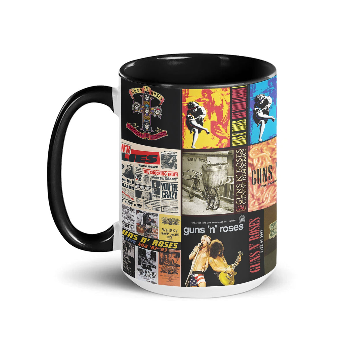 Guns N’ Roses Black Two-Tone Accent Coffee Mug - Classic Rock Band Album Covers Collage Mug