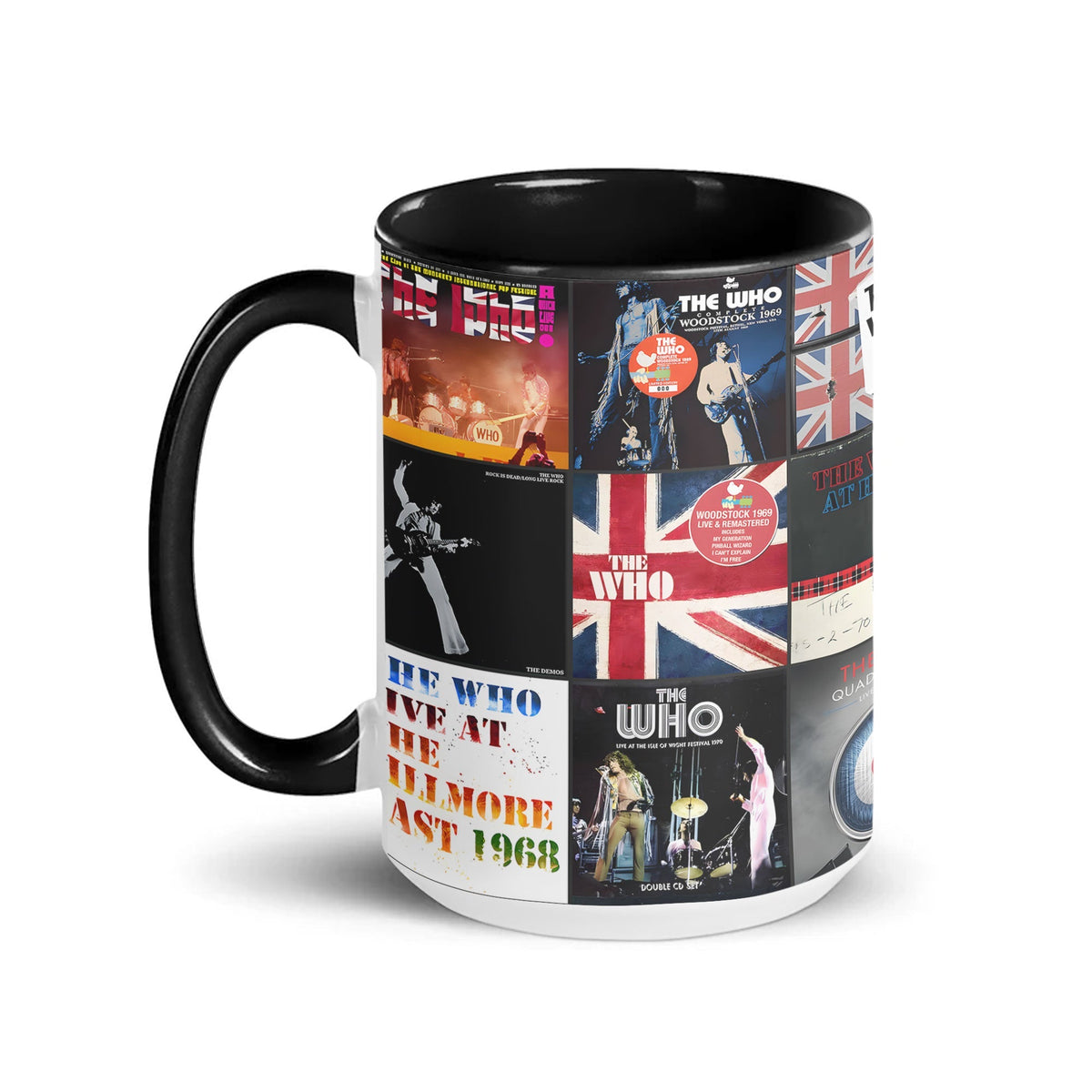 The Who Black Two-Tone Accent Coffee Mug - Classic Rock Band Album Covers Collage Mug