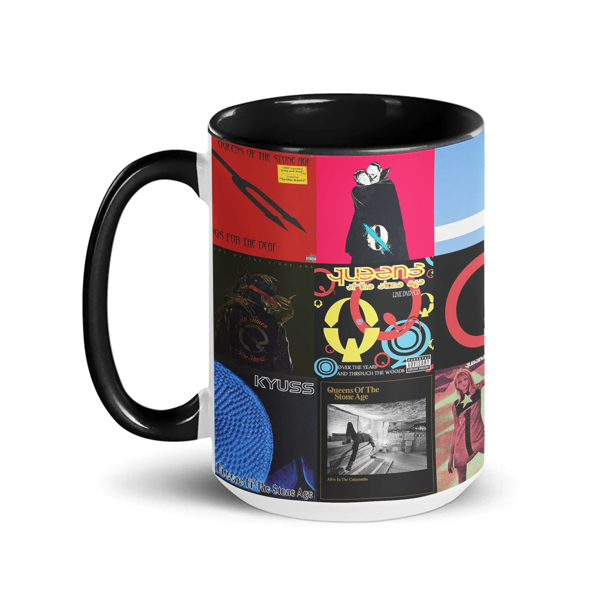Queens of the Stone Age Black Two-Tone Accent Coffee Mug - Classic Band Album Covers Collage Mug
