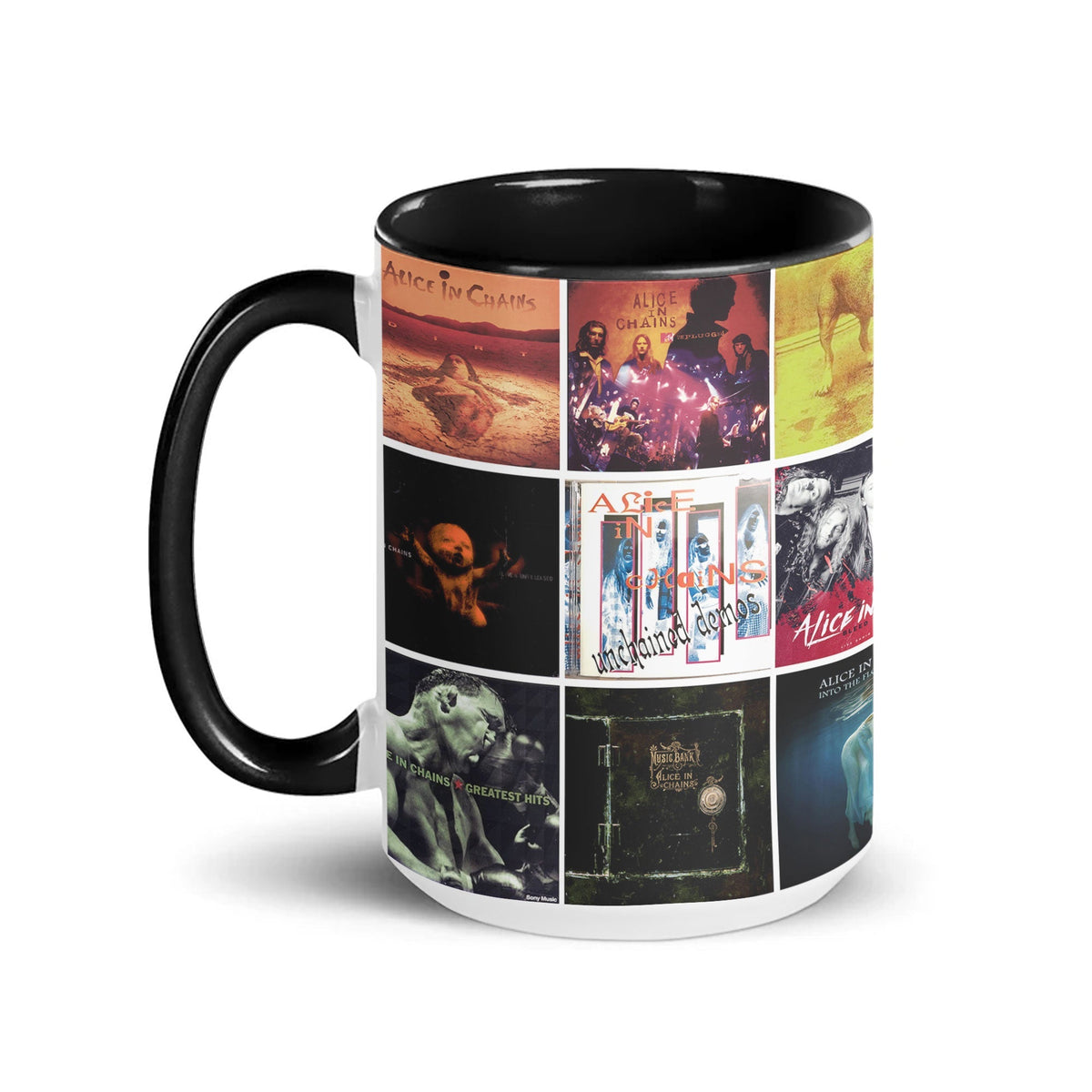 Alice In Chains Black Two-Tone Accent Coffee Mug - Classic Band Album Covers Collage Mug