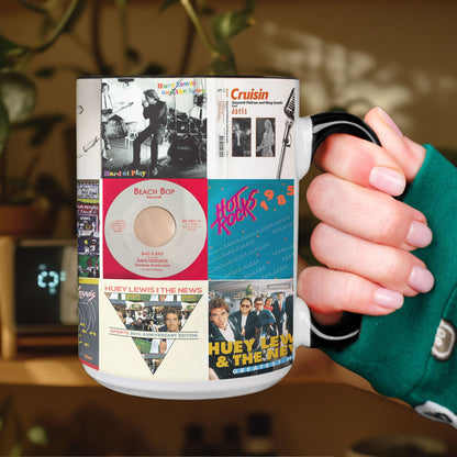 Huey Lewis & The News Accent Mug – Classic Rock Hits Album Collage Gift