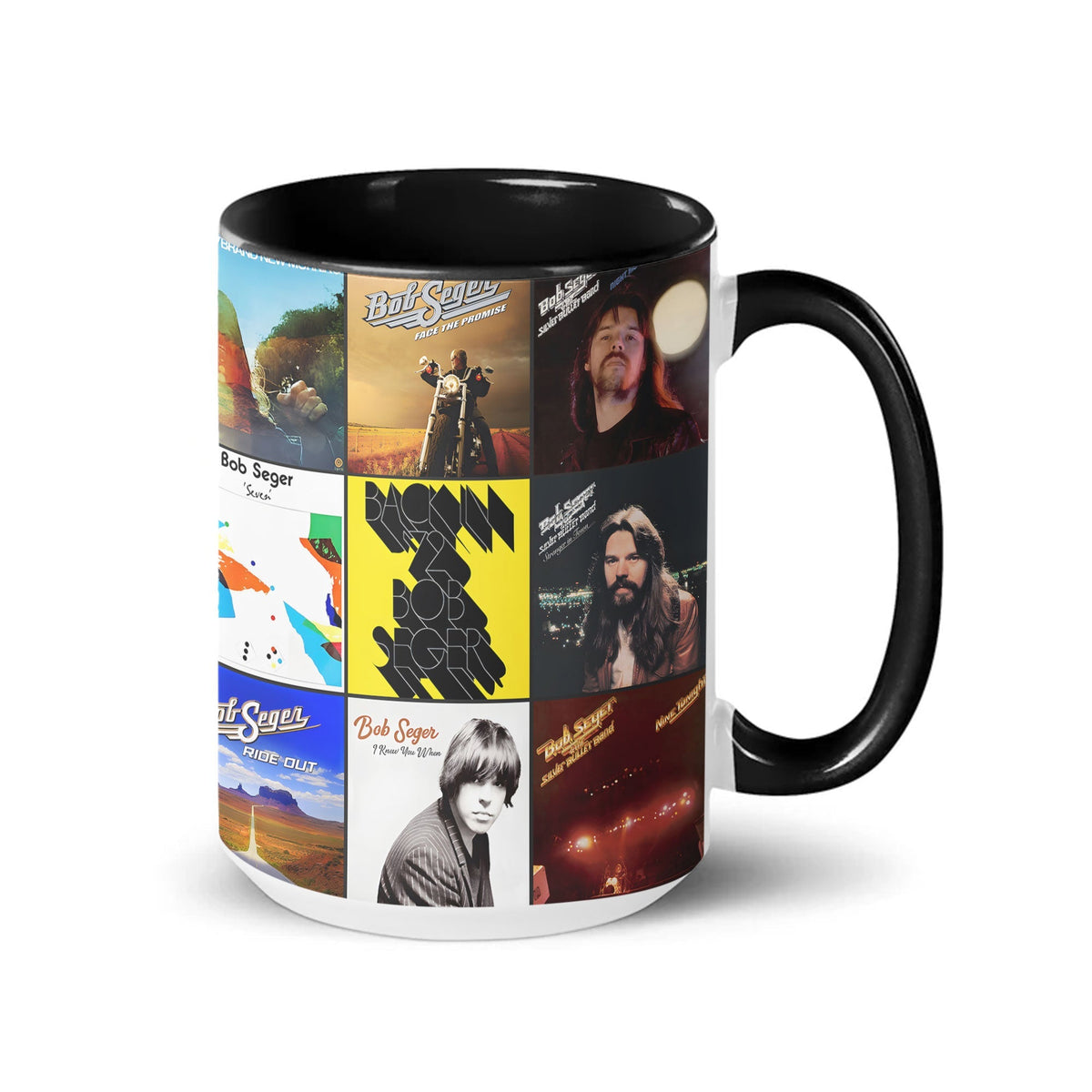 Bob Seger Black Two-Tone Accent Coffee Mug - Classic Band Album Covers Collage Mug