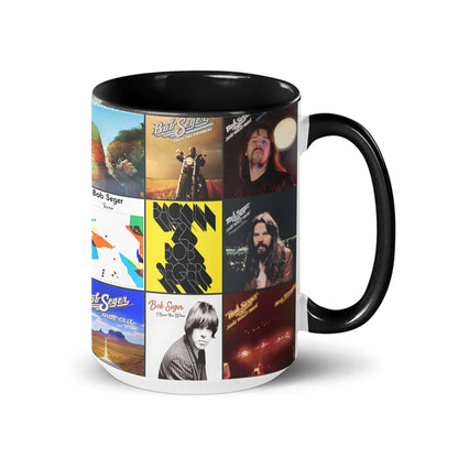 Bob Seger Black Two-Tone Accent Coffee Mug - Classic Band Album Covers Collage Mug