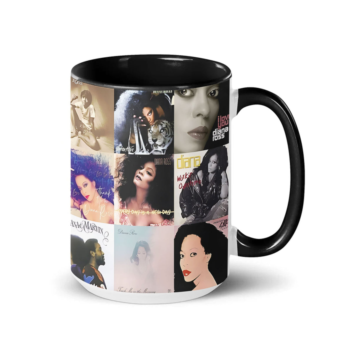 Diana Ross Black Two-Tone Accent Coffee Mug - Classic Band Album Covers Collage Mug