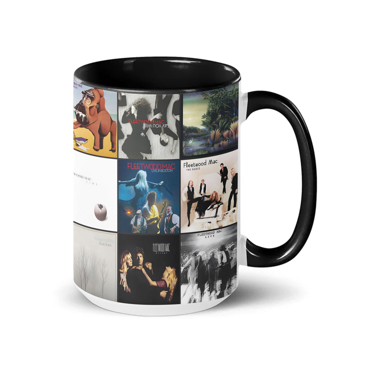 Fleetwood Mac Black Two-Tone Accent Coffee Mug - Classic Band Album Covers Collage Mug