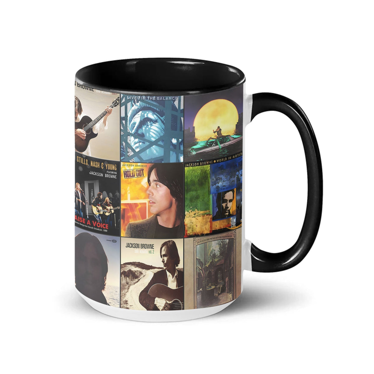 Jackson Browne Black Two-Tone Accent Coffee Mug - Classic Band Album Covers Collage Mug