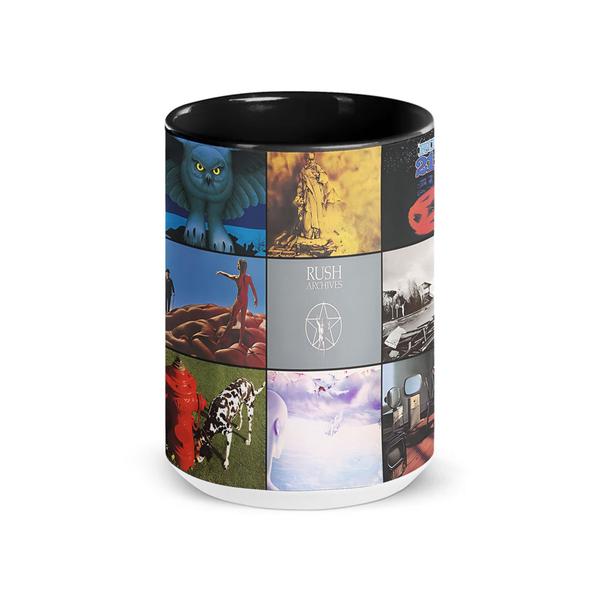 Rush Black Two-Tone Accent Coffee Mug - Classic Rock Band Album Covers Collage Mug
