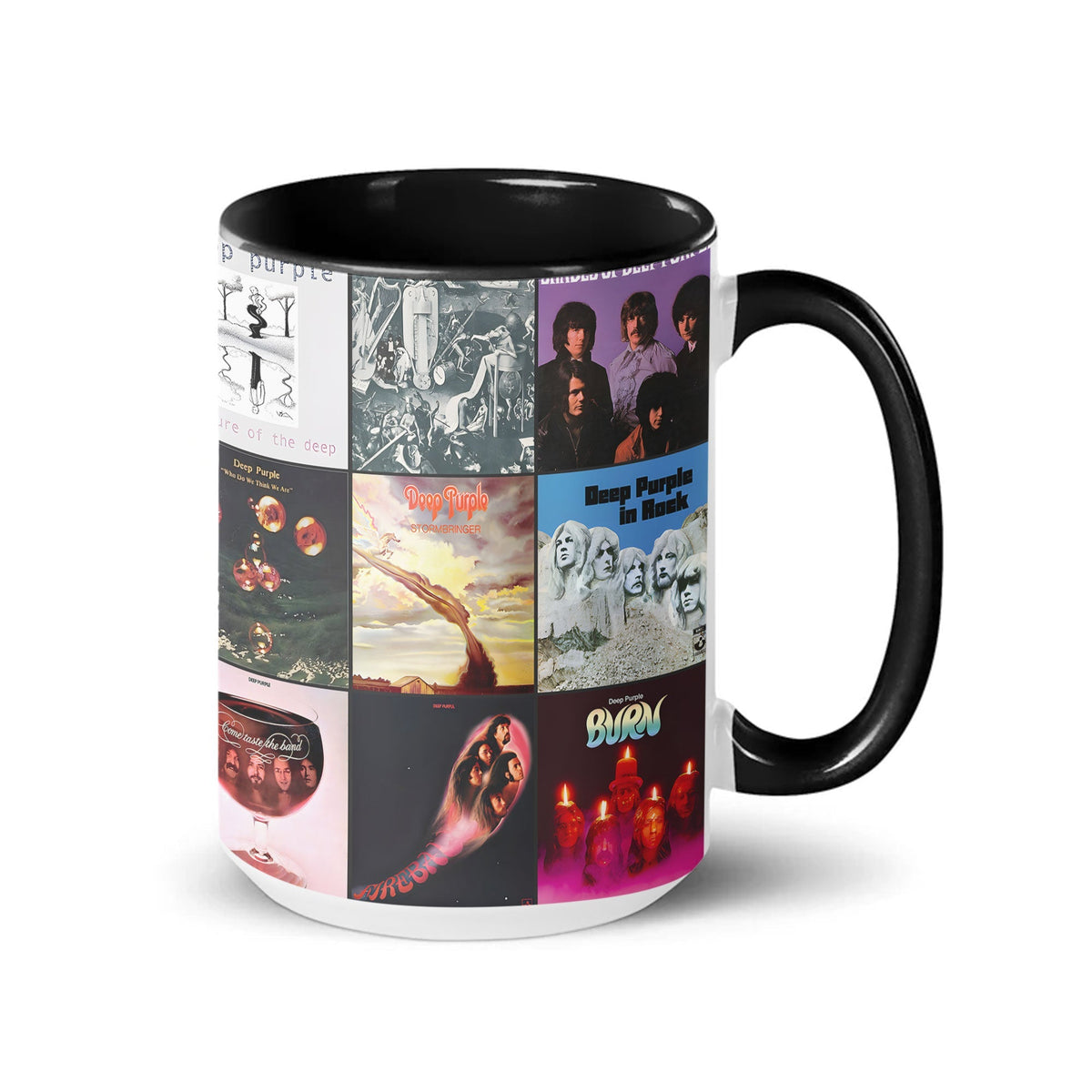 Deep Purple Black Two-Tone Accent Coffee Mug - Classic Band Album Covers Collage Mug