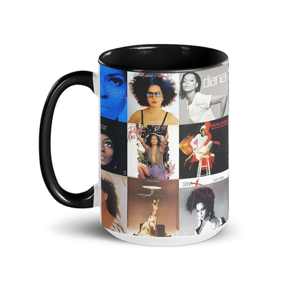 Diana Ross Black Two-Tone Accent Coffee Mug - Classic Band Album Covers Collage Mug