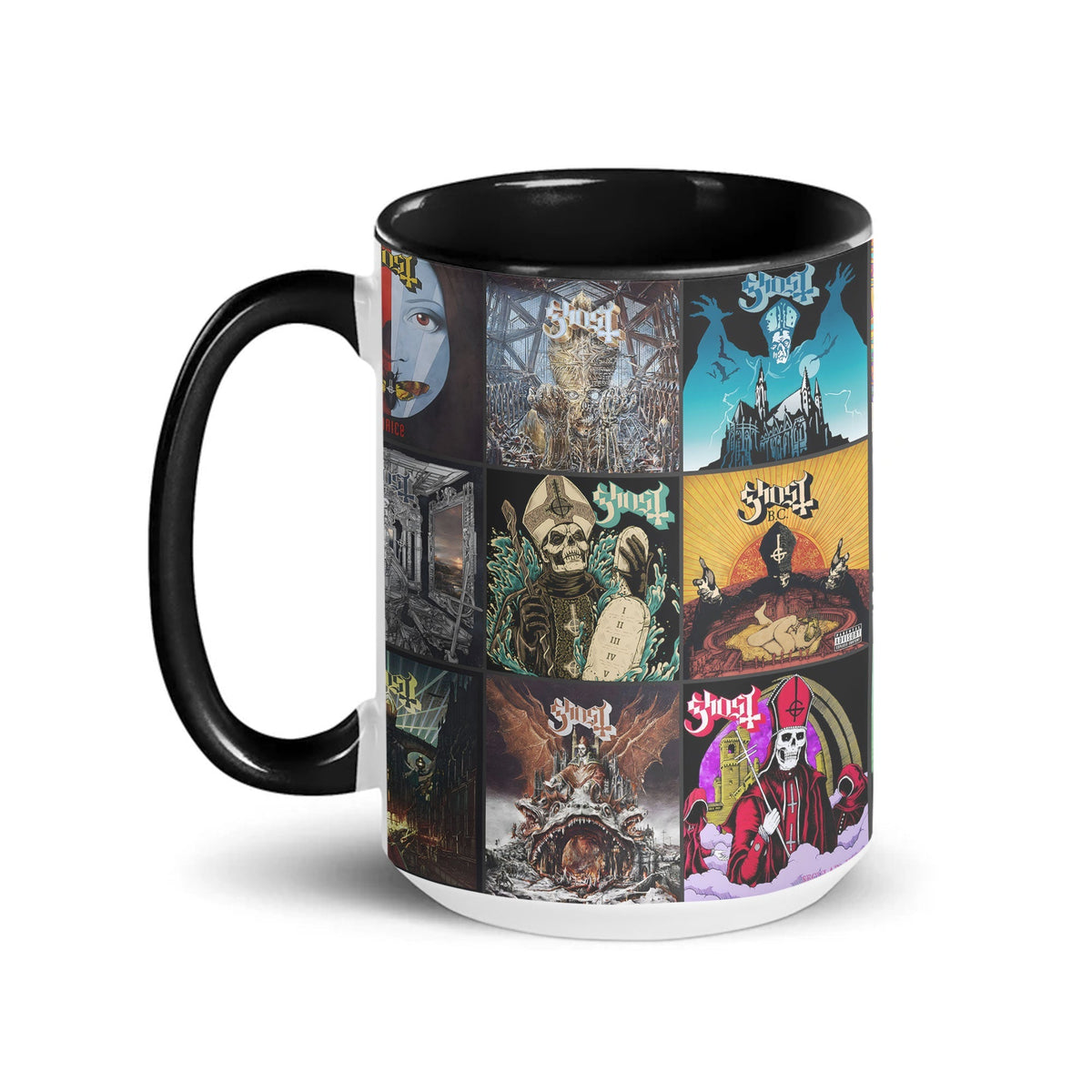 Ghost Band Black Two-Tone Accent Coffee Mug - Classic Band Album Covers Collage Mug