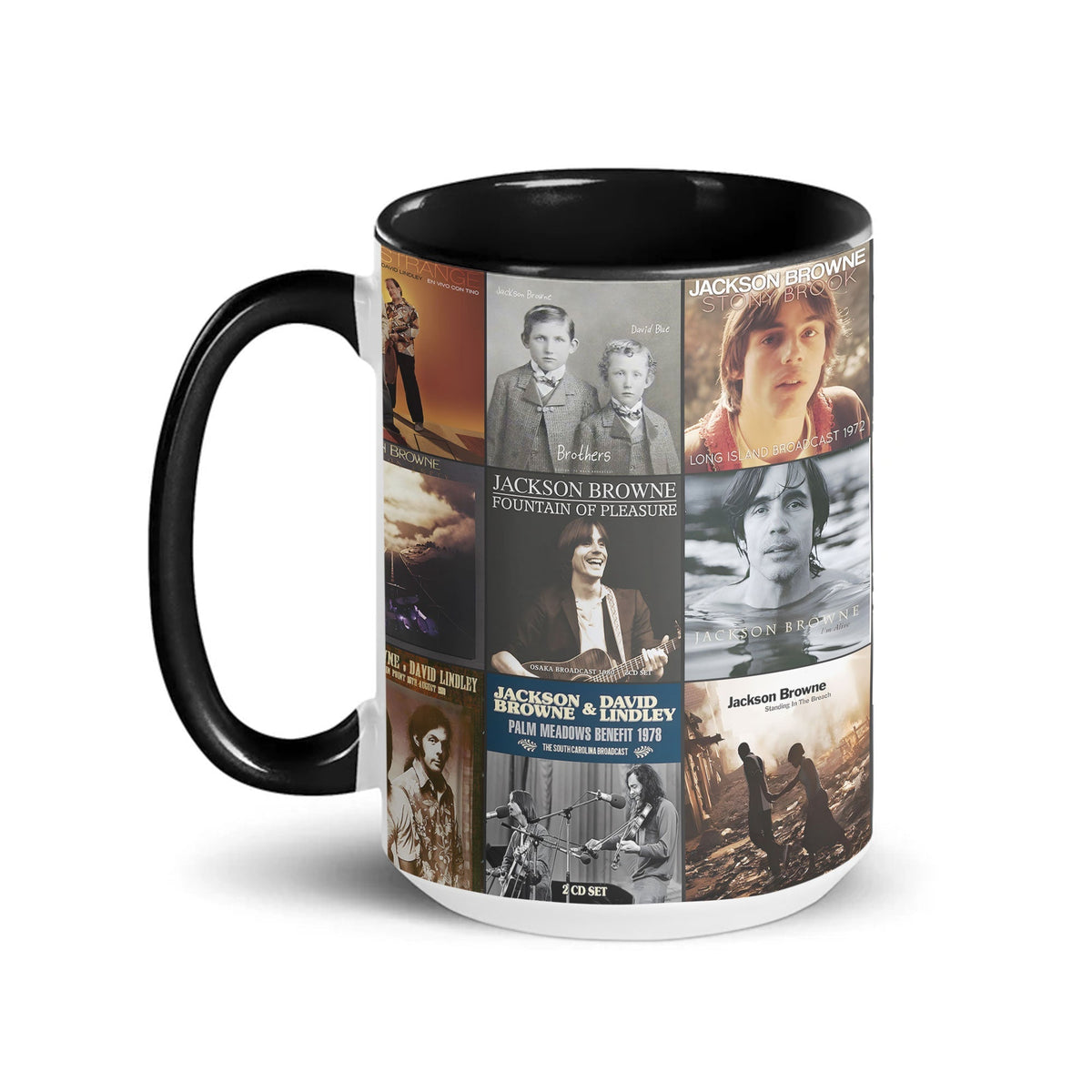 Jackson Browne Black Two-Tone Accent Coffee Mug - Classic Band Album Covers Collage Mug