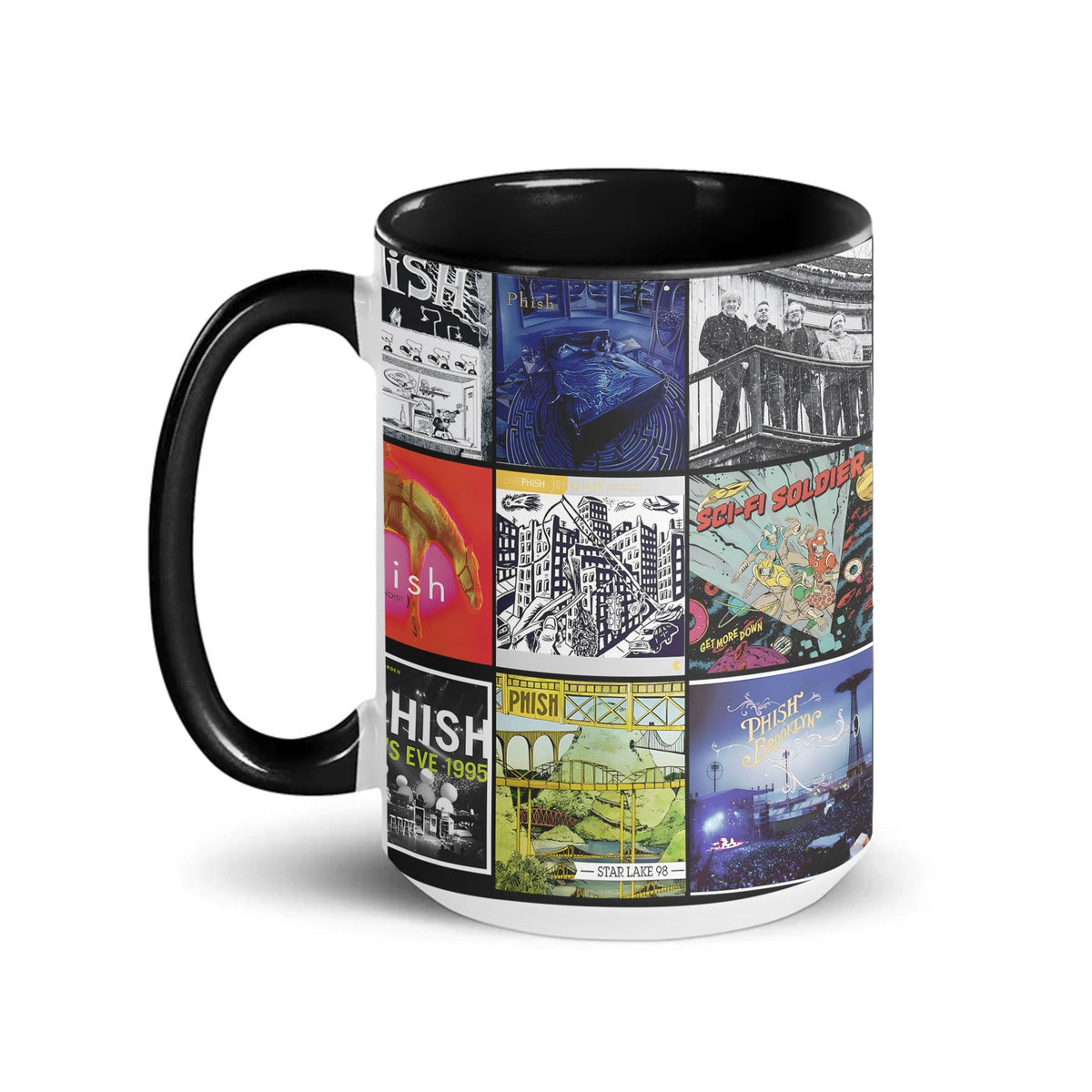 Phish Black Two-Tone Accent Coffee Mug - Classic Band Album Covers Collage Mug