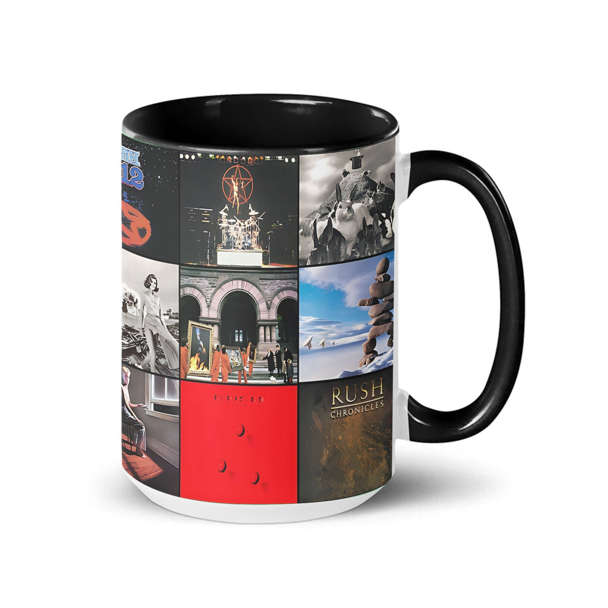 Rush Black Two-Tone Accent Coffee Mug - Classic Rock Band Album Covers Collage Mug